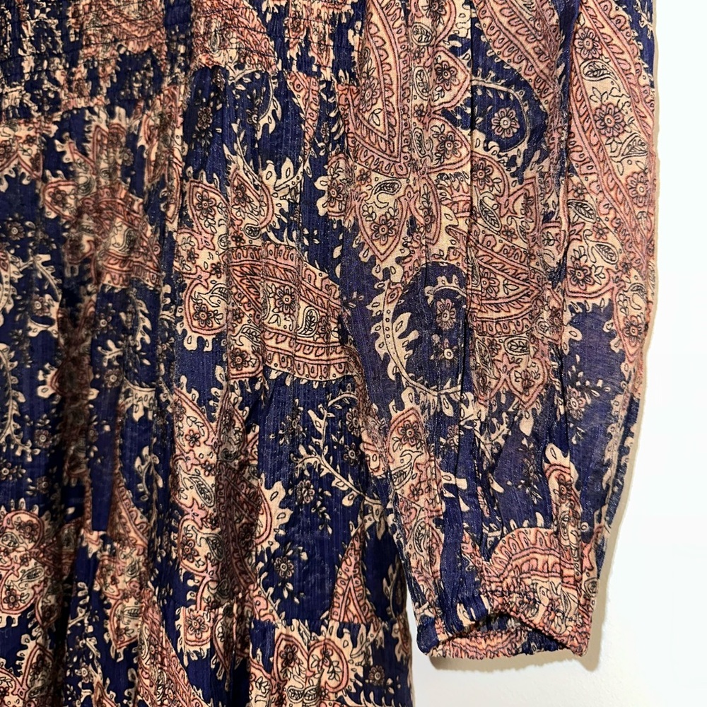 Aqua Navy and Brown Paisley Long Sleeve Midi Dress - Picture 5 of 7